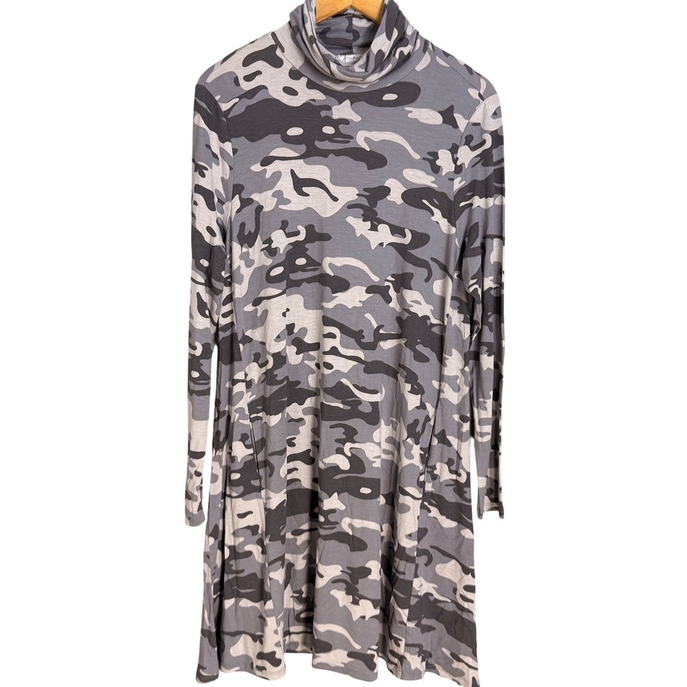 Mudpie Camouflage Print Turtleneck Swing Dress Gray White Black Long Sleeve